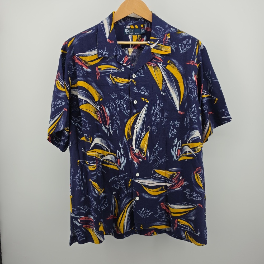 Polo Ralph Lauren Sailboat Print Viscose Camp Shirt Navy Blue XL Nautical